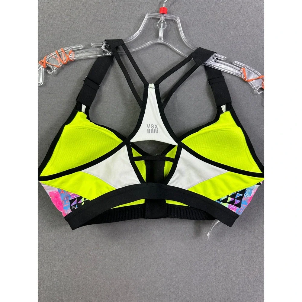 VSX Victoria's Secret‎ Neon Yellow Front Zip Racerback Sports Bra Geometric 34B